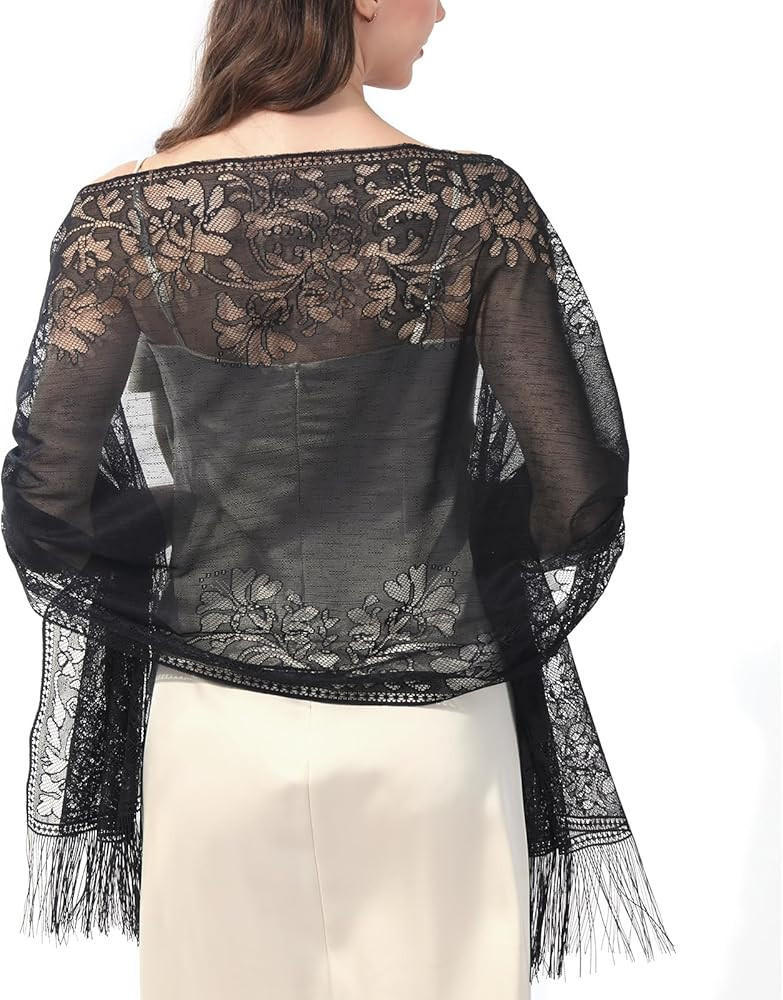 Ladiery Women's Floral Lace Scarf Shawl with Tassels, Soft Mesh Fringe Wraps for Wedding Evening ... | Amazon (US)