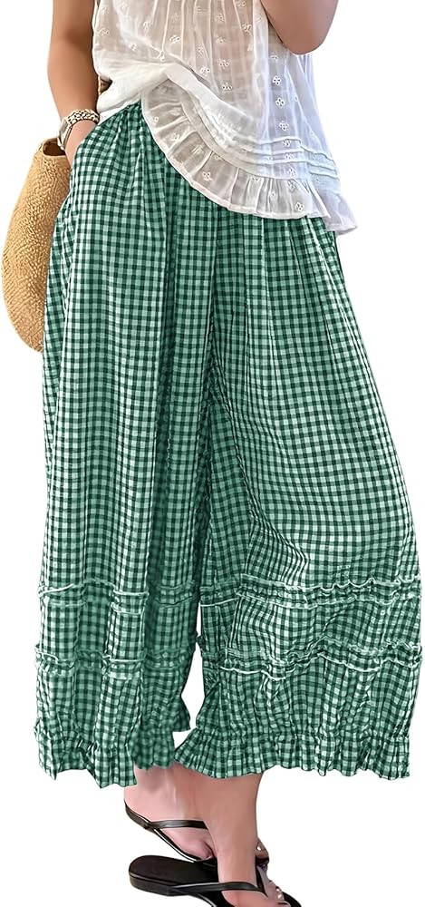 chouyatou Women 2026 Summer Ruffle Hem Crop Cotton Linen Pants Beach Plaid Gingham Wide Leg Pants... | Amazon (US)