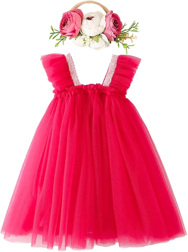 Baby Girls Tulle Tutu Sleeveless Backless Dress with Flower Headband Birthday Party Princess Summ... | Amazon (US)