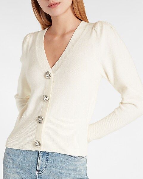 Jewel Embellished Button Up Puff Sleeve Cardigan | Express