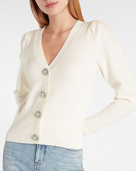 Jewel Embellished Faux Button Puff Sleeve Sweater | Express