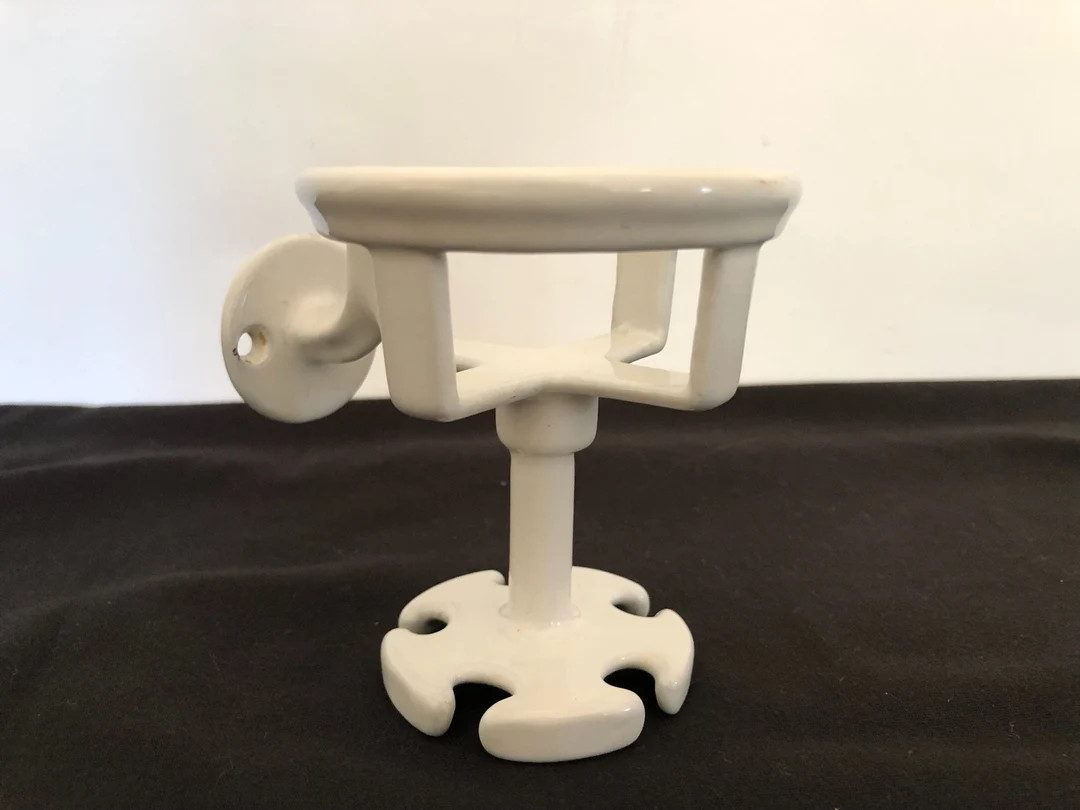 Antique Bathroom Cup and Toothbrush Holder - Vintage White Enameled Metal Wall Mount Glass Holder... | Etsy (US)