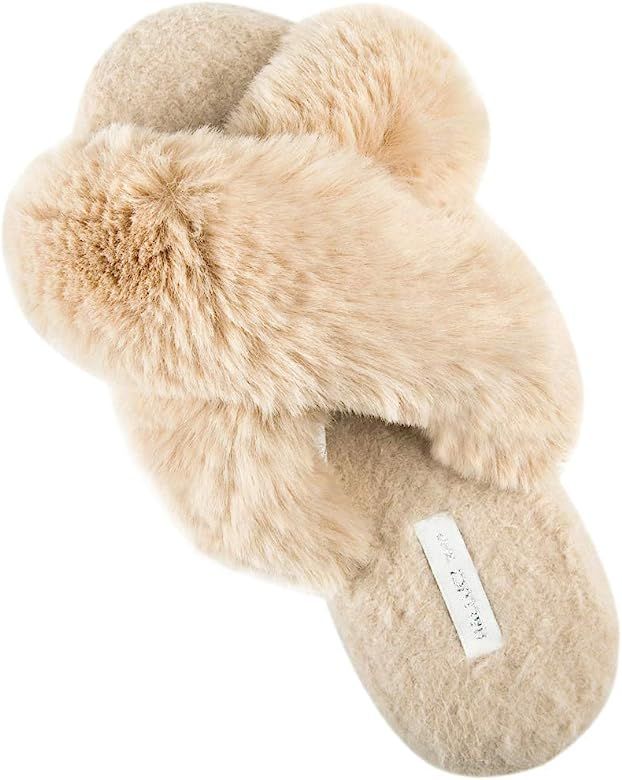 Women's Cross Band Soft Plush Fleece House/Outdoor Slippers | Amazon (US)