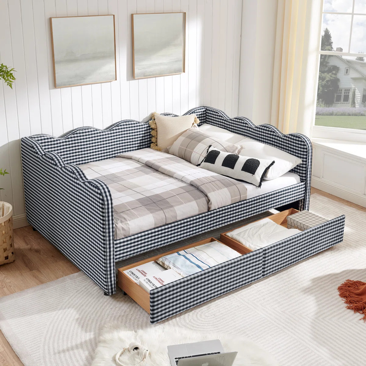 Chalan Preppy Style Cozy Gingham Upholstered Daybed with 2 Storage Drawers & USB Port | Wayfair North America