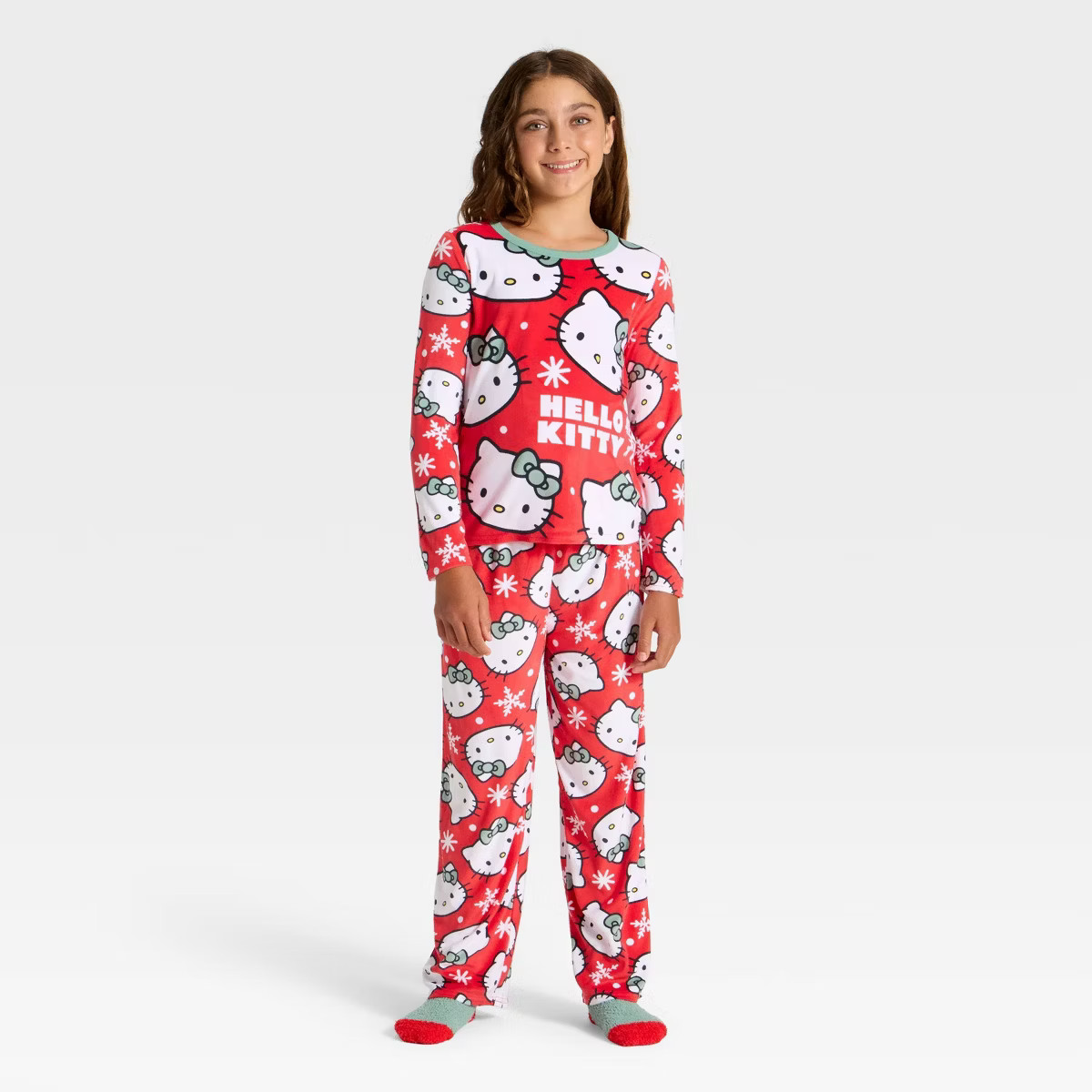 Girls' 2pc Hello Kitty Holiday Cozy Pajama Set with Socks - Red | Target