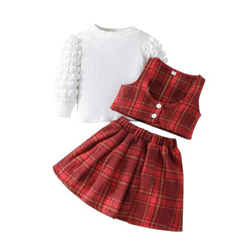 Toddler Girls Christmas Outfits Girls Puff Sleeve Knit Ribbed Tops Button Down Vest Plaid Skirt Set Winter Clothes (Red,4 Years) | Amazon (US)