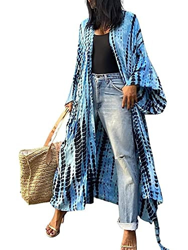 Chunoy Women Tie Dye Kimono Cardigan Long Open Front Cover Ups for Swimwear Beach Sexy Bikini Swimsuit Cyan Blue | Amazon (US)