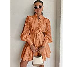 Aofur Summer Cotton V Neck Long Losse Sleeve Casual Party A-Line Dresses Embroidery Short Dress | Amazon (US)