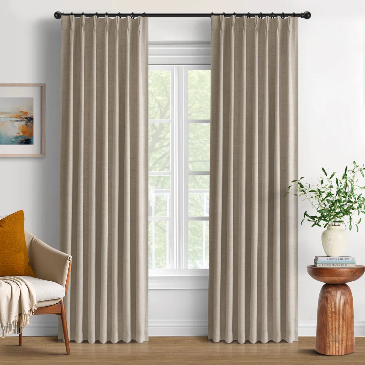 Gracie Oaks 100% Blackout Curtains Polyester Faux Linen Fabric Pinch Pleated Draps With 20 Hooks ... | Wayfair North America