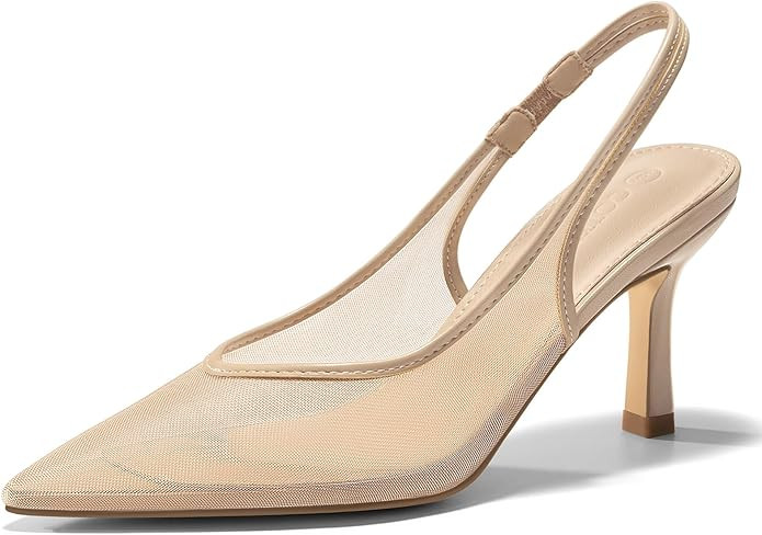 Coutgo Womens Mesh Slingback Kitten Heels Pointed Toe Low Heel Pumps Sexy Dress Shoes | Amazon (US)