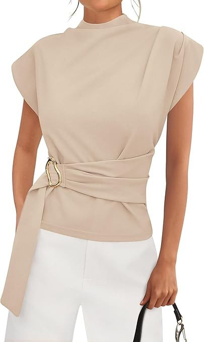 PRETTYGARDEN Women Blouses Spring Dressy Cap Sleeve Mock Neck Work Shirts Buckle Tunic Summer Bus... | Amazon (US)