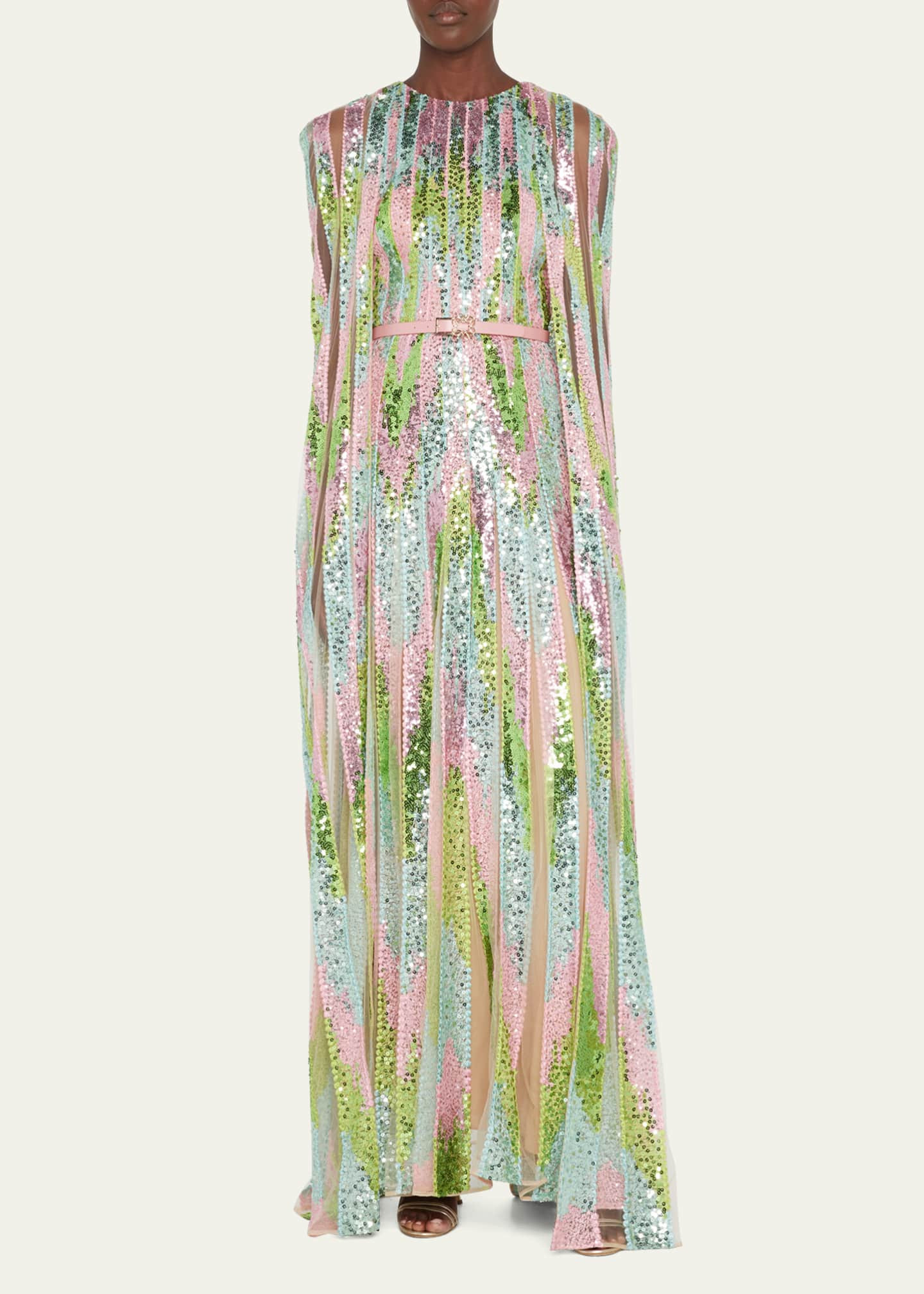 Elie Saab Sequin-Embellished Tulle Cape-Sleeve Gown | Bergdorf Goodman