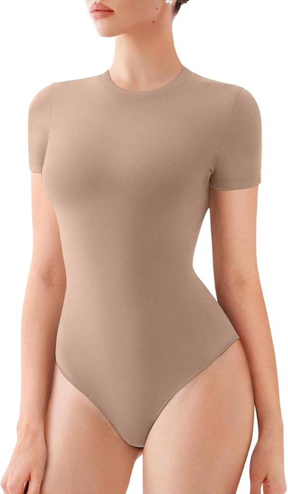 REORIA Womens Crew Neck Short Sleeve Double Lined Comfy Slim Thong Bodysuits | Amazon (US)