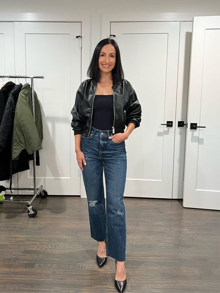Faux leather bomber under $40 and high rise straight leg free assembly denim from Walmart! Lightweight and cropped jacket 

#LTKfindsunder50 #LTKover40 #LTKstyletip