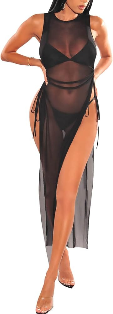 FairBeauty Women's Sexy Mesh Sheer Swimsuit Cover Ups Long Beach See Through Dress | Amazon (US)