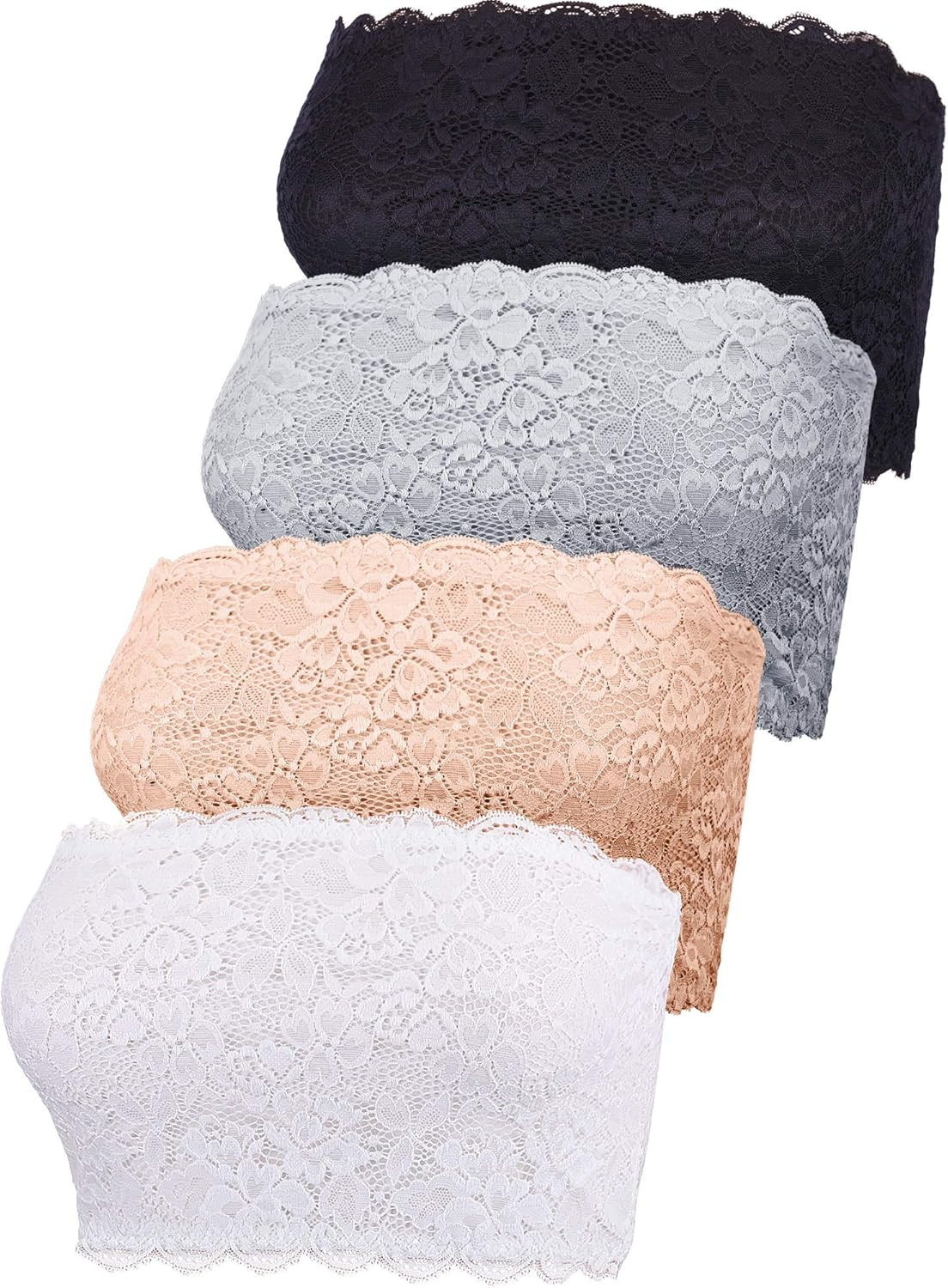 4 Pieces Women Lace Bandeau Bra Tube Top Bra Stretchy Strapless Bandeau for Daily Favor | Amazon (US)