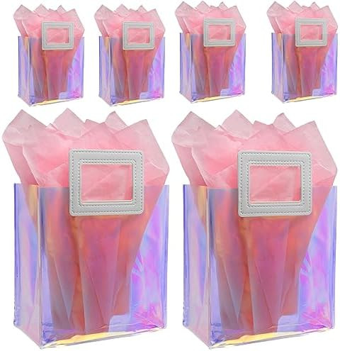 Caleihd 6PCS Holographic Clear Gift Bags with Tissue Paper, 7.9 * 7.1 * 3.9 inch with Handles,Tre... | Amazon (US)