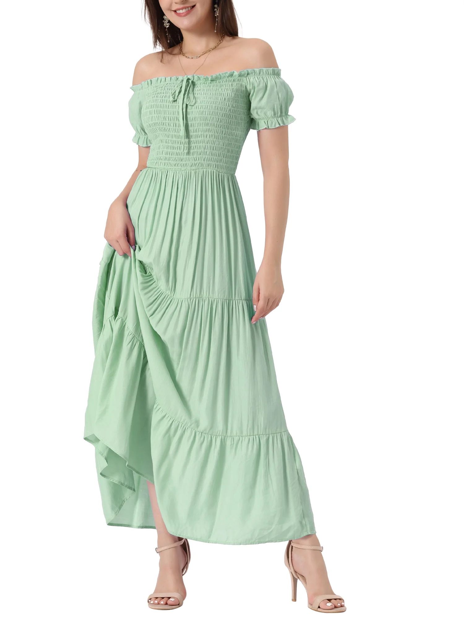 Allegra K Smocked Tiered Dress for Women’s Round Neck Puff Sleeves Ruffle Midi Dresses | Walmart (US)
