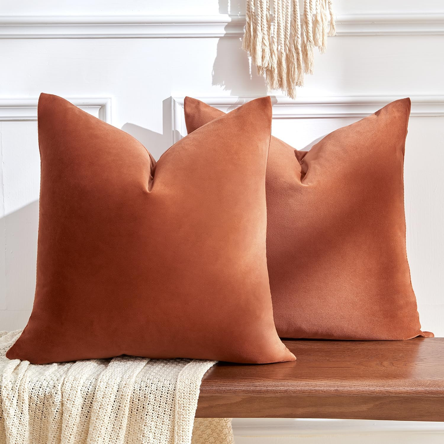 Throw Pillow Covers Rust Set of 2 18x18 Inch Pillow Covers, Soft Velvet Fall Decorative Cases for Couch Sofa Bed, Home Boho Decor, Modern Farmhouse Cushion Covers | Amazon (US)