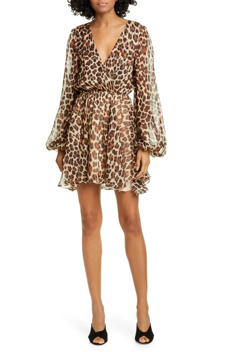 Olena Leopard Print Silk Long Sleeve Minidress | Nordstrom