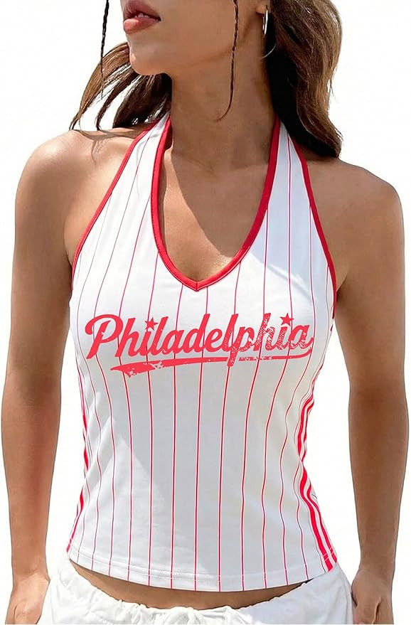 Baseball Halter Tops Women Striped Baseball Season Tees Game Day V Neck Backless Sleeveless Y2k F... | Amazon (US)