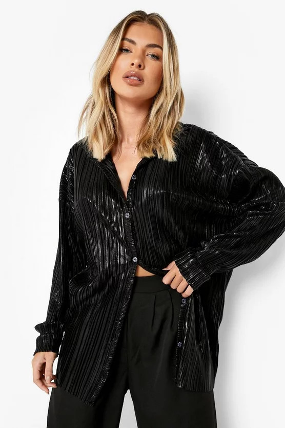 Metallic Plisse Oversized Shirt | Boohoo.com (US & CA)