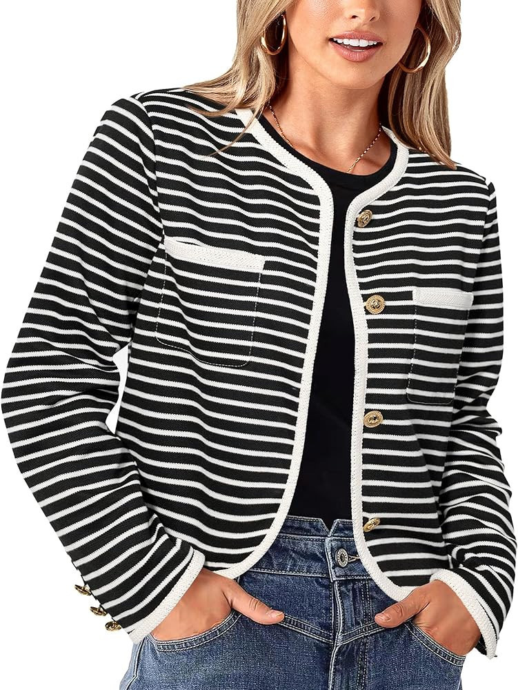 PRETTYGARDEN Women's Striped Cardigan Jacket Casual Long Sleeve Knit Button Down Shirts Fall Wint... | Amazon (US)