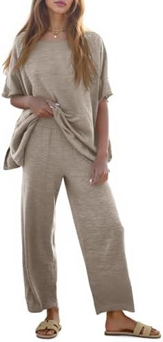 Tankaneo Women's 2 Piece Travel Outfits Casual Short Sleeve Knit Sweater Set Wide Leg Pants Loung... | Amazon (US)