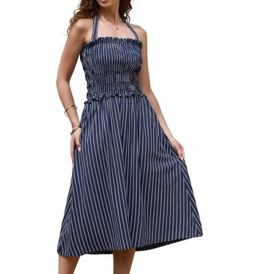 INSPIRE CHIC Women's Halter Neck Summer Smocked Striped Midi Dresses Medium Dark Blue | Target