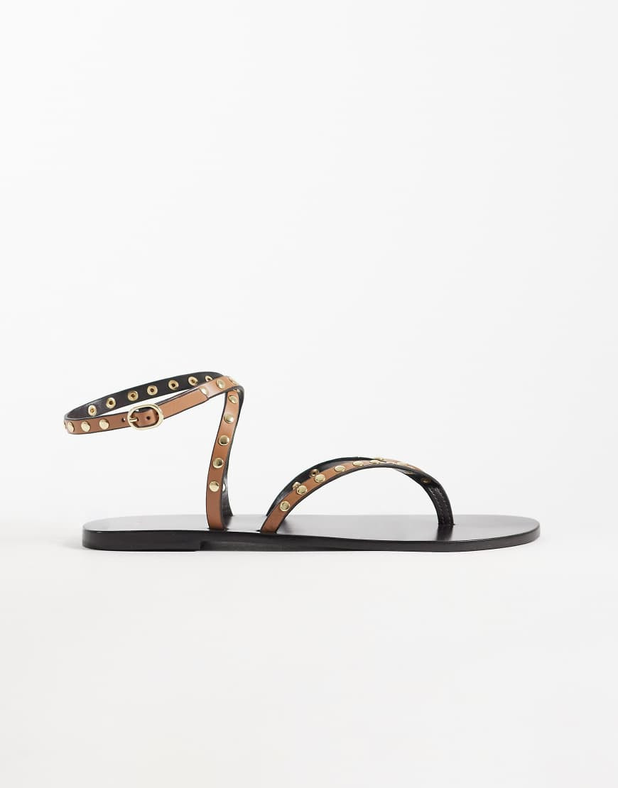 Mango strappy flat sandals with studs in brown | ASOS (Global)