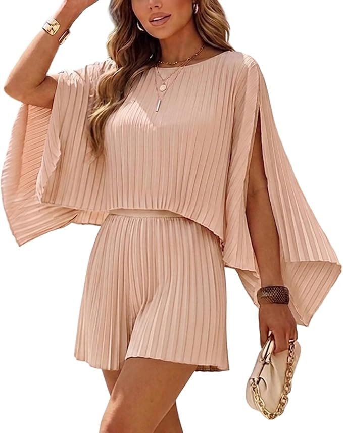 CHICME Vacation Outfits for Women 3 Piece Shorts Sets Pleated Off Shoulder Poncho Tops & Wide Leg... | Amazon (US)