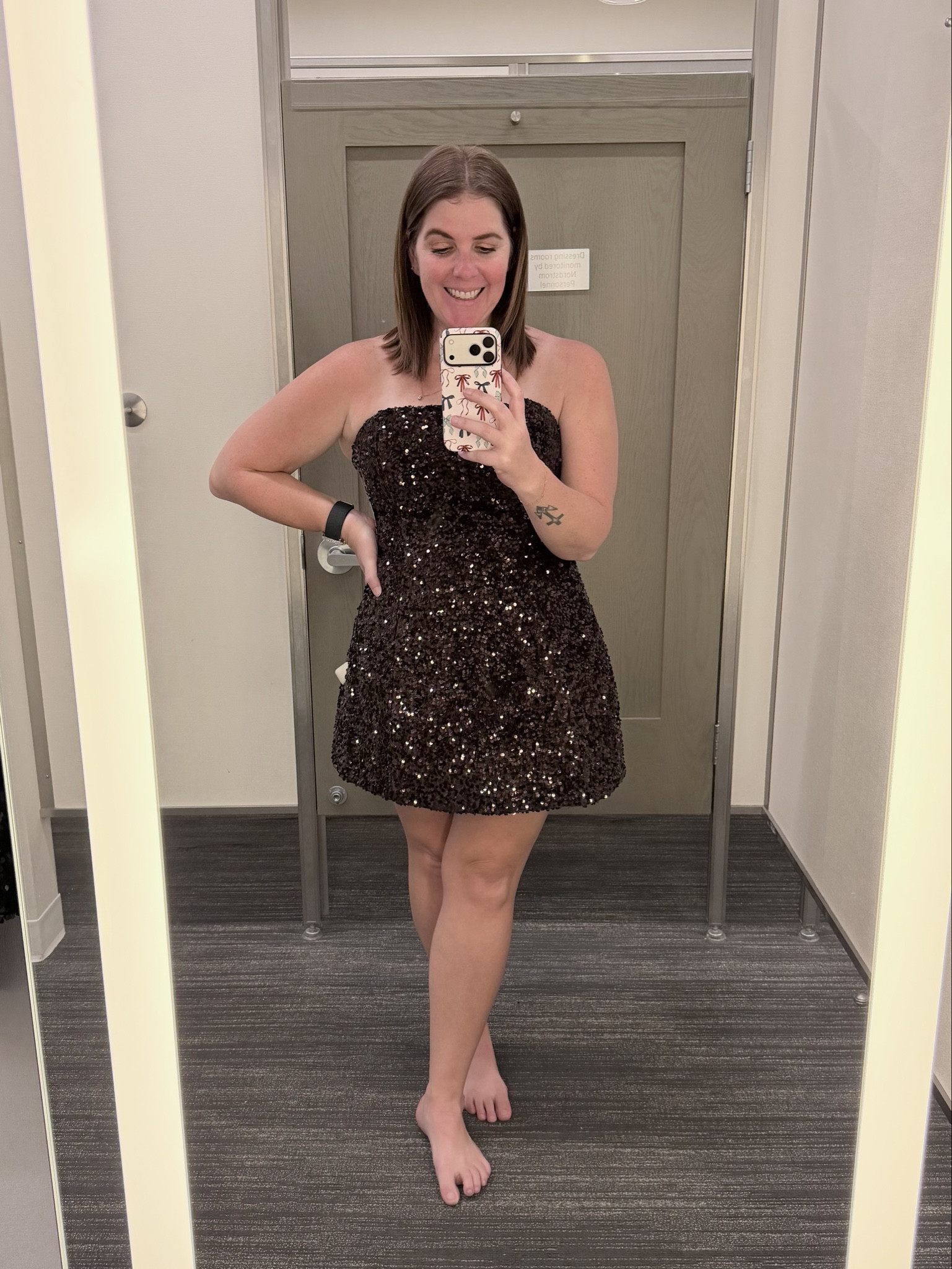 This is love in a dress! I’ve been eyeing this one for a while, but didn’t try it on because I didn’t need a new sequin dress! This is Bardot and it runs TTS! There is boning in the dress, so you will not be pulling it up all night! 

#LTKSeasonal #LTKHoliday #LTKMidsize