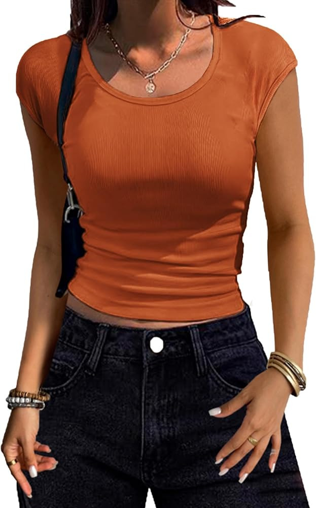 Zeagoo Womens Tank Tops Ribbed Knit Crew Neck Shirts Cap Sleeve Slim Fitted Ruched Basic Tees | Amazon (US)