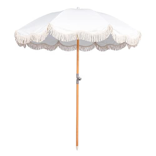 6.5ft Boho Beach Umbrella with Fringe, UPF 50+ Tassel Umbrellas with Carry Bag, Premium Wood Pole... | Amazon (US)
