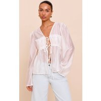 Cream Chiffon Tie Front Ruched Blouse | PrettyLittleThing UK