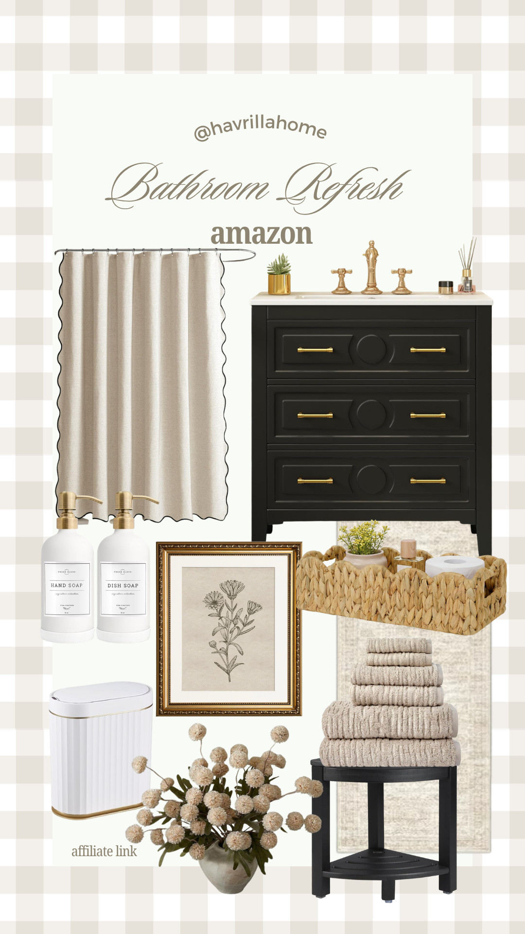 Bathroom Refresh, bathroom decor, bathroom makeover, bathroom refresh, black bathroom vanity, gold bathroom fixtures, linen shower curtain, neutral bathroom decor, framed botanical print, decorative tray, hand soap dispenser, dish soap dispenser, woven storage basket, plush bath towels, bathroom stool, bathroom rug, faux florals, modern organic bathroom, Amazon bathroom finds, luxury bathroom styling, designer-inspired bathroom

#LTKHome