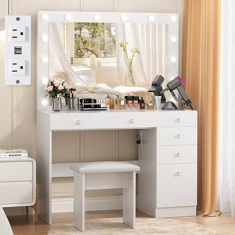 VOWNER Vanity with Lights - 43" Makeup Vanity Desk with Power Outlet, 5 Drawers and 1 Cabinet, 3 ... | Amazon (US)