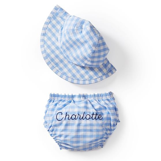 Gingham Baby Hat and Bloomer Set, Cornflower 6-12 Months | Mark and Graham