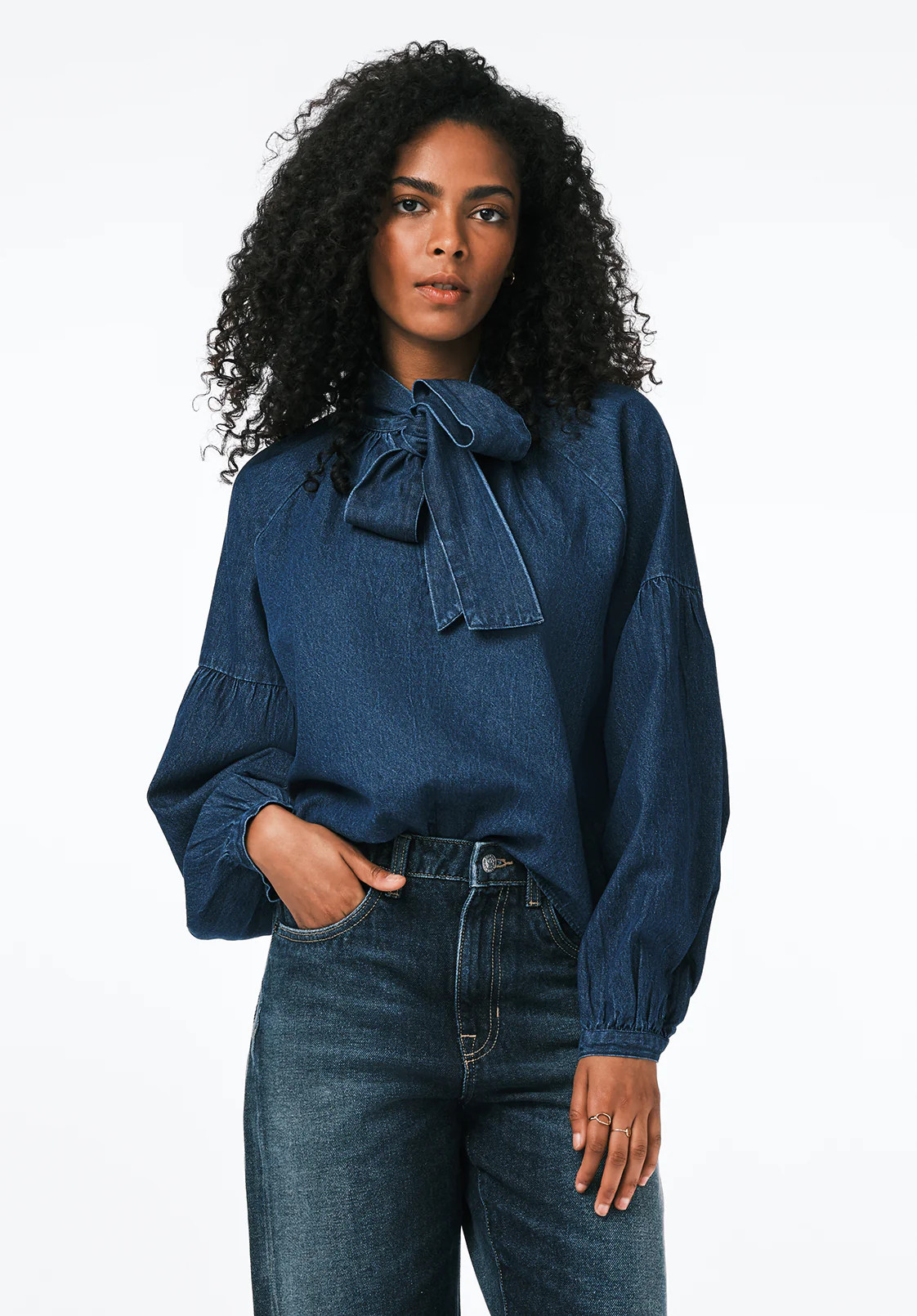 Carissa Women's Denim Blouse with Bow Neck and Voluminous Sleeves, Dark Denim - WT0208 | Buffalo David Bitton