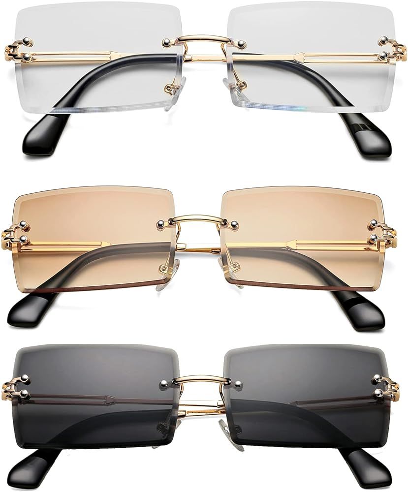 Rectangle Sunglasses for Men/Women Small Rimless Square Shade Eyewear | Amazon (US)