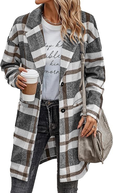 PRETTYGARDEN Women's 2024 Plaid Shacket Jacket Casual Button Wool Blend Winter Tartan Trench Coat... | Amazon (US)