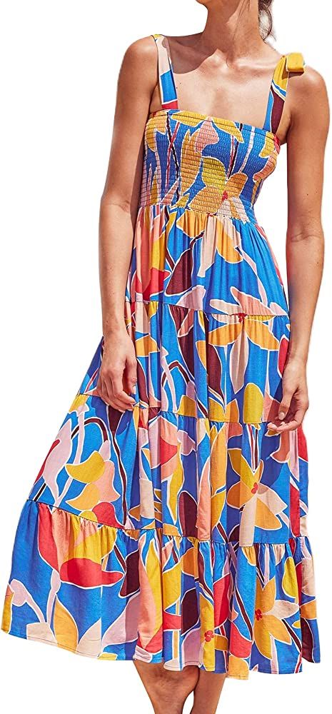 Women's Summer Boho Spaghetti Tie Strap Square Neck Floral Ruffle A Line Beach Long Maxi Swing Dress | Amazon (US)