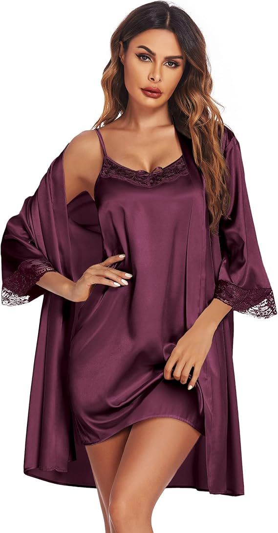 Ekouaer Sleepwear Women's Satin Nightgown with Robes Set 2 Piece Sexy Lace Cami Nightwear | Amazon (US)