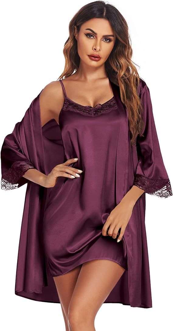 Ekouaer Sleepwear Women's Satin Nightgown with Robes Set 2 Piece Sexy Lace Cami Nightwear | Amazon (US)