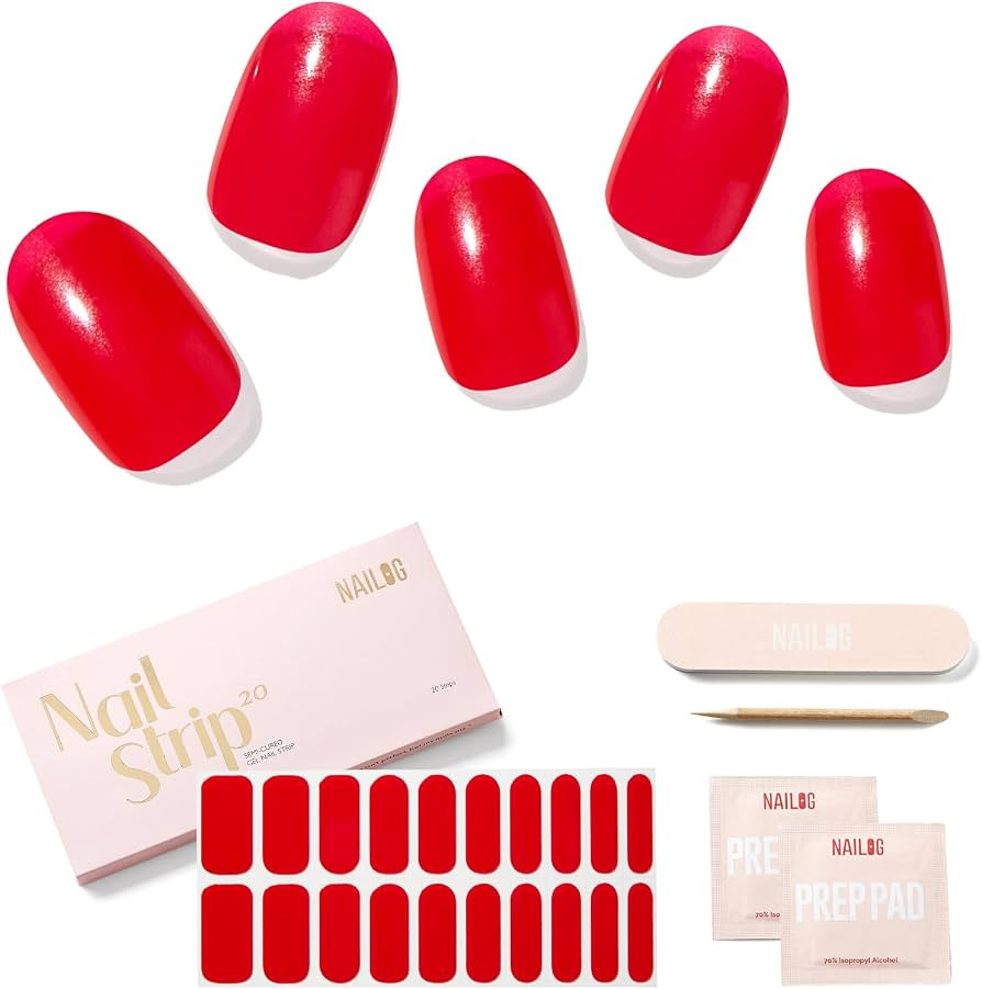 NAILOG Semi Cured Gel Nail Strips, 20Pcs Bright Red Long Lasting Stickers, Salon Quality Easy App... | Amazon (US)