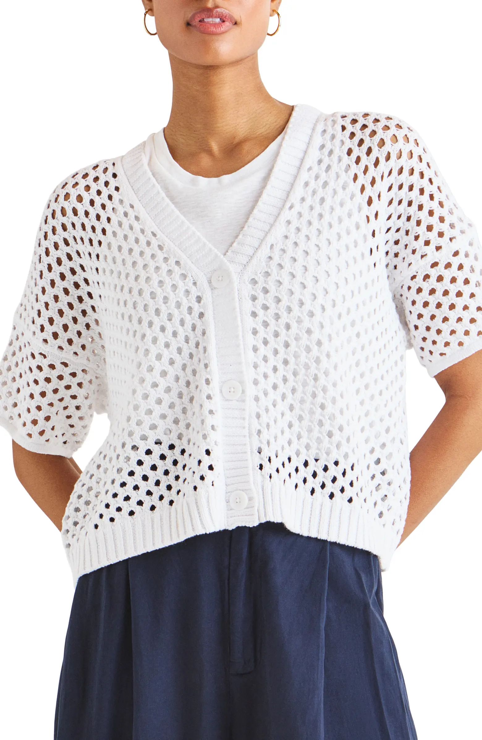 Splendid Nova Short Sleeve Cotton Pointelle Cardigan | Nordstrom | Nordstrom