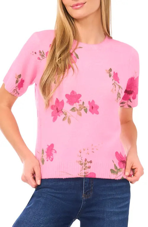 CeCe Floral Short Sleeve Sweater in Gin Fizz at Nordstrom, Size Small | Nordstrom