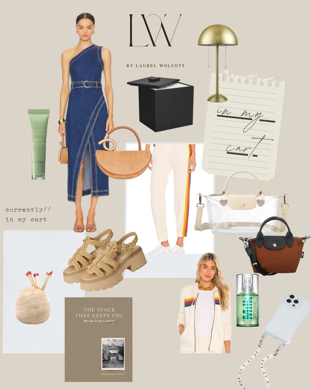 Currently in my cart #karinagrimaldi #longchamp #dolcevita #laniege #bag #purse #skinclub #cultgaia #homedecor #lamp #denim #dress #avnation