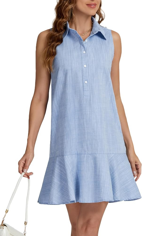 Kedera Women's Tunic Shirt Mini Dress Cotton Linen Shirt Dress Button Up Ruffle Hem Shift Dresses | Amazon (US)