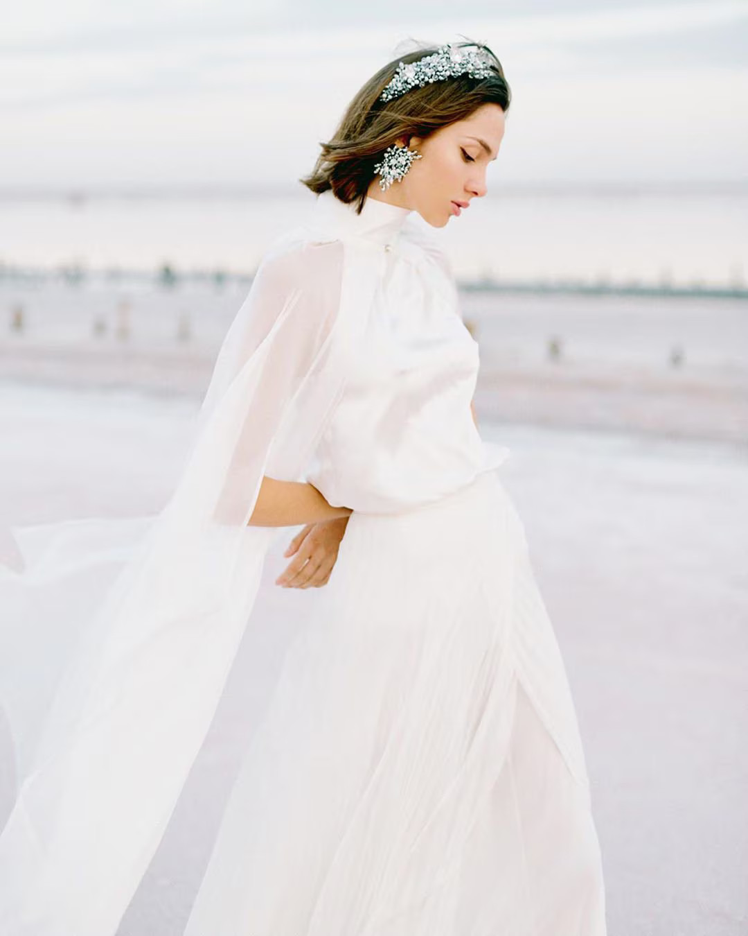 Halterneck Silk Chiffon Wedding Gown with Cape Train | Etsy (US)